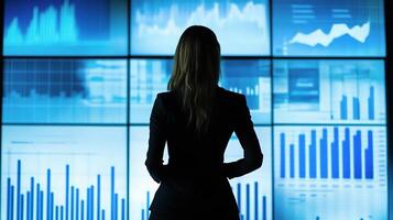 A woman in a business suit stands in front of a screen with graphs photo