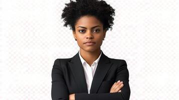 A woman in a business suit with her arms crossed photo