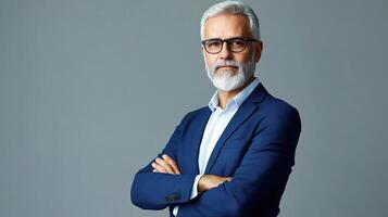 Portrait of a successful businessman with glasses and beard standing with arms crossed over gray background photo
