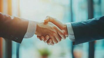Business people shaking hands in front of a window photo