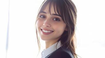 A woman in a business suit smiles for the camera photo