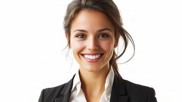 A woman in a business suit smiling photo