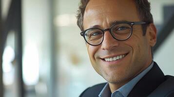 A man with glasses and a suit smiling photo