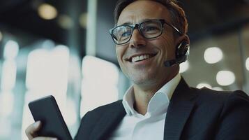 A man in glasses and a suit is smiling while holding a cell phone photo