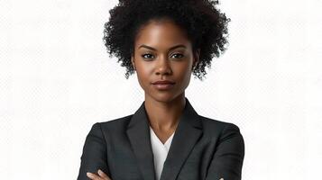A woman in a business suit with her arms crossed photo