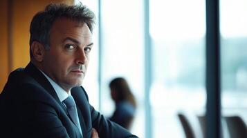 A man in a suit and tie sitting in front of a window photo