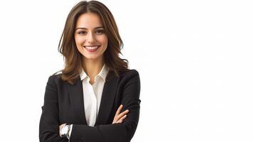 A woman in a business suit is smiling photo