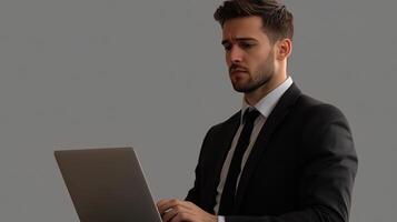 A man in a suit is using a laptop photo