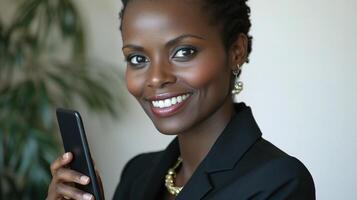 A woman in a business suit holding a cell phone photo