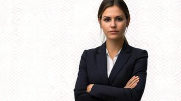 A woman in a business suit standing with her arms crossed photo