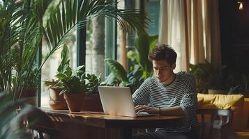 A man sitting at a table with a laptop photo