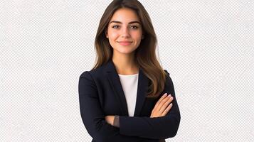 A woman in a business suit standing with her arms crossed photo