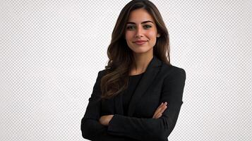 A woman in a business suit standing with her arms crossed photo