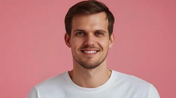 A man in a white t - shirt smiling at the camera photo