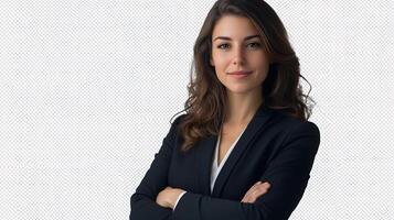 A woman in a business suit standing with her arms crossed photo