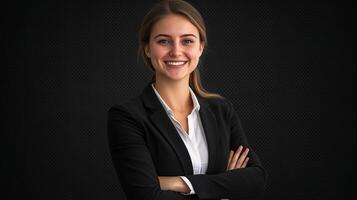 A woman in a business suit smiling photo
