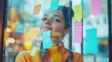 A woman looking at a window with sticky notes on it photo