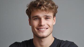 A young man with curly hair smiling photo
