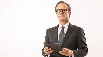 A man in a suit and glasses holding a tablet photo