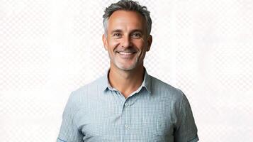 A man in a blue shirt smiling photo