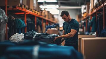 A man is standing in a warehouse with a blue shirt photo