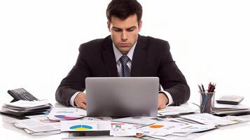 Focused Businessman Working on Laptop Surrounded by Office Papers photo