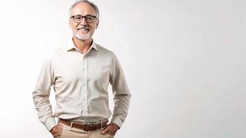 A man with glasses and a beard standing in front of a white background photo