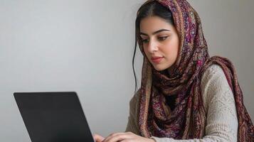 A woman in a hijab is using a laptop photo