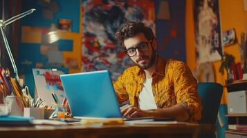 Male Designer Working Creatively on Laptop in Bright Workspace photo