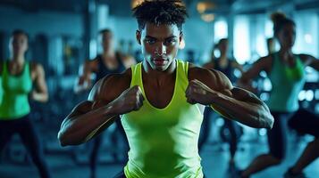 Dynamic Fitness Trainer Wearing Neon Green Tank Top in Action photo