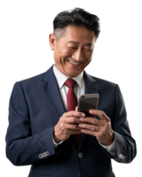 An asian man in a suit and tie is smiling and holding a cell phone png