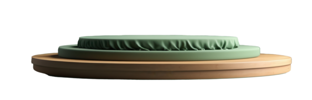 Elevated display with two tiered platforms. Top platform is draped with light green fabric. Minimalistic. png