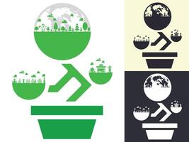 save the world icon with green and black plants vector