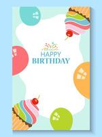 birthday card template with cupcake and balloons and copy space vector
