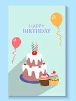 happy birthday greeting card with cake and balloons and copy space for text vector