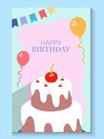 greeting happy birthday card with cake and balloons vector