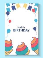 birthday card template with cupcakes and balloons on white background vector