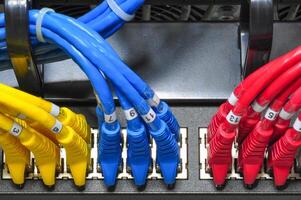 Colorful ethernet cables connected to a network switch in a data center photo