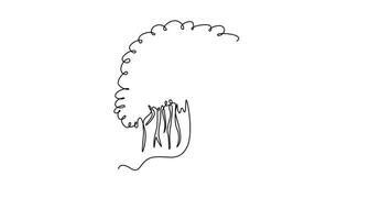 Self drawing animation single line draw shady and leafy banyan tree. Decorative ficus benghalensis plant concept for wall decoration home art poster print. Continuous line draw. Full length animated video