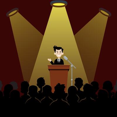 Guy feels free and relaxed behind the podium for public speaking in the spotlight in front of the audience, public speaking, flat style
