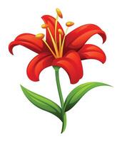 Beautiful red lily flower with smooth petals and leaves, perfect for elegant floral designs. Cartoon illustration vector