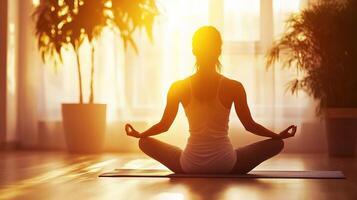 A woman is sitting in a yoga position with the sun shining behind her photo