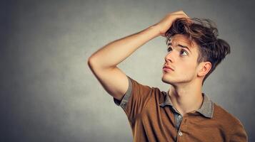 A man is looking at his head while holding his hair photo