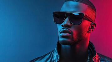 A man wearing sunglasses and a leather jacket photo