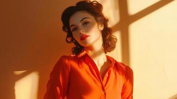 Enthusiastic Teacher in Bright Orange Blouse Against Soft Background photo