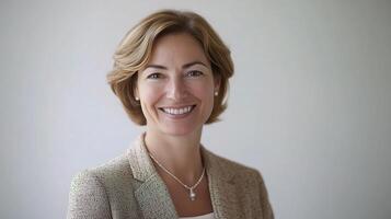 A woman in a suit and necklace smiling photo