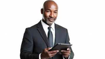 A black man in a suit and tie holding a tablet photo