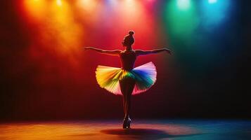 Enthusiastic Dancer in Colorful Rainbow Tutu Under Stage Lights photo
