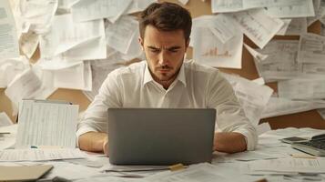 Focused Businessman Working on Laptop in Office Environment photo