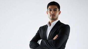 A man in a suit and tie standing with his arms crossed photo